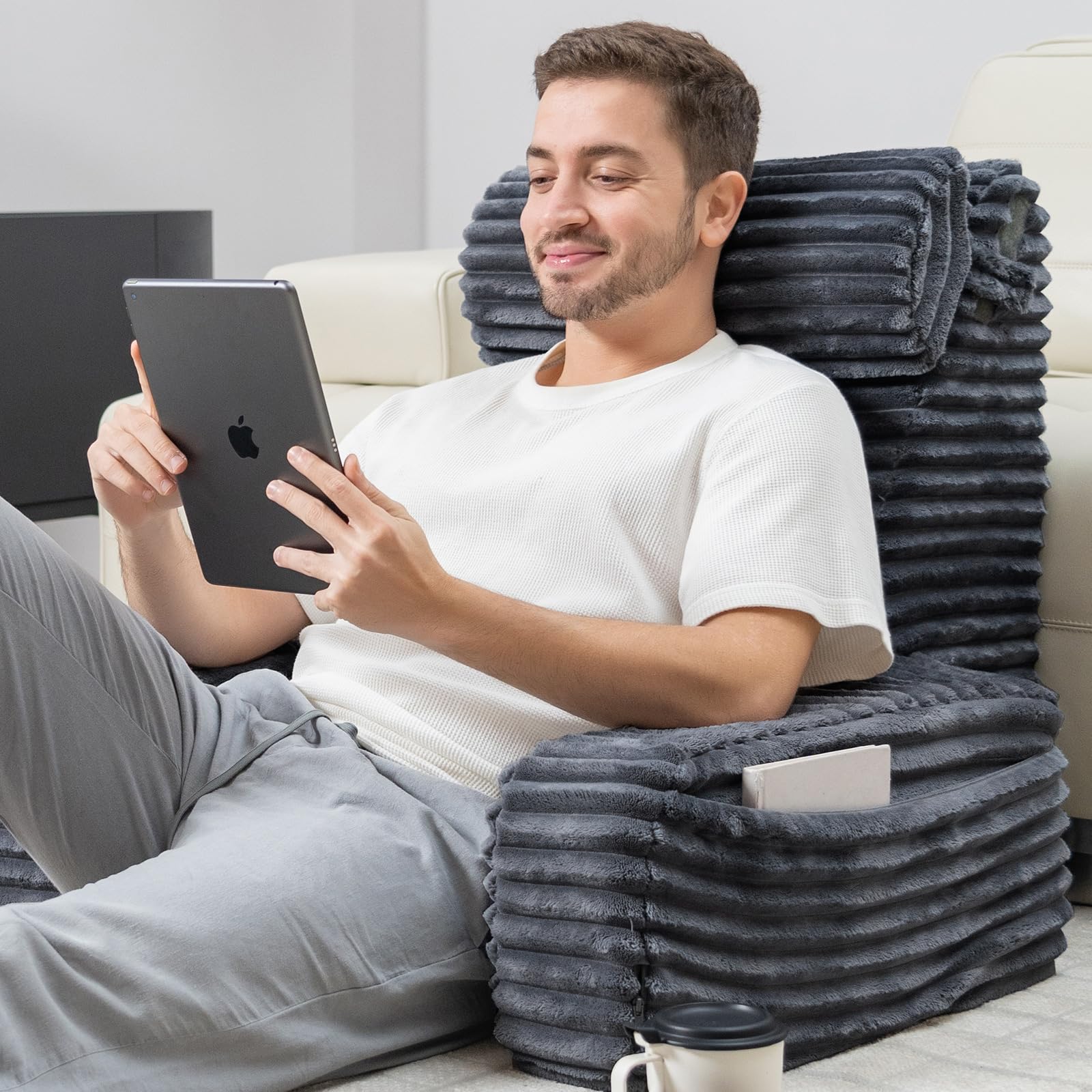 Photo 1 of ENITYA Reading Pillow for Sitting in Bed Adult, 24in XXL Back Pillow for Bed Sitting up, Big Pockets & Built-in Arms, Back Support Chair Pillow for Watching TV/Reading/Gaming/Resting/Post Surgery,Grey