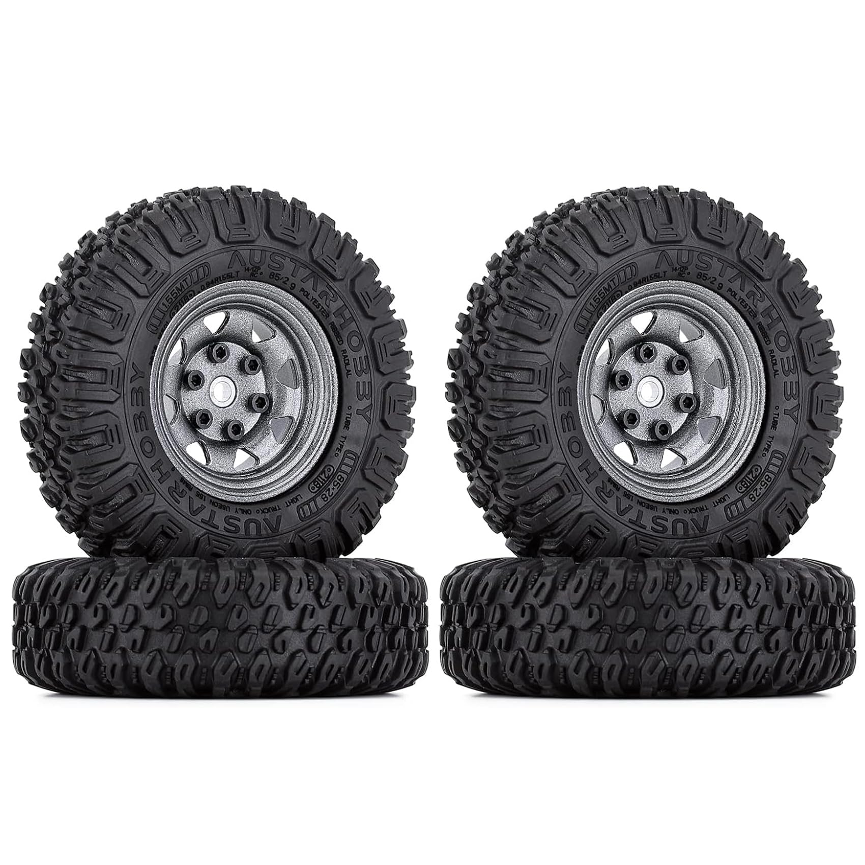KINGCOO 4PCS 1.55" Aluminum Alloy Metal Beadlock Wheel Rims and 85MM Rubber Tyre Tires for 1/10 RC Rock Crawler Car for Axial AX90069 UTB18 D90 TF2 Tamiya JIMNY CC01 LC70 MST (Grey)