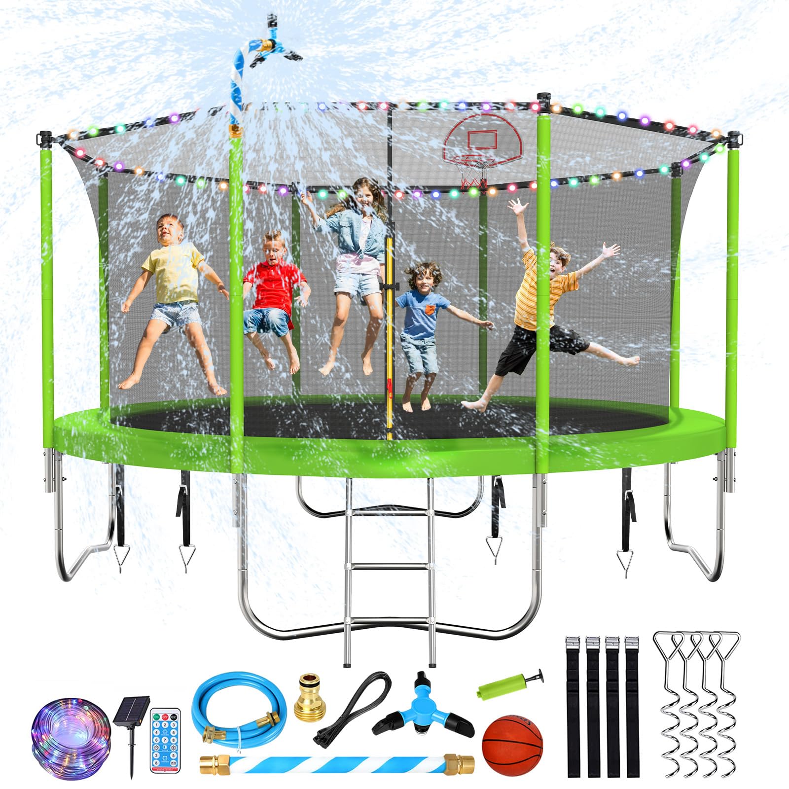 Photo 1 of *** USED/MINOR DAMAGE/UNKNOWN MISSING PARTS OR HARDWARE***Lyromix Upgraded 12FT Trampoline with Lights, Large Outdoor Trampoline with Sprinkler,Basketball Hoop and Net, Capacity for 5-8 Kids and Adults, Apple Green