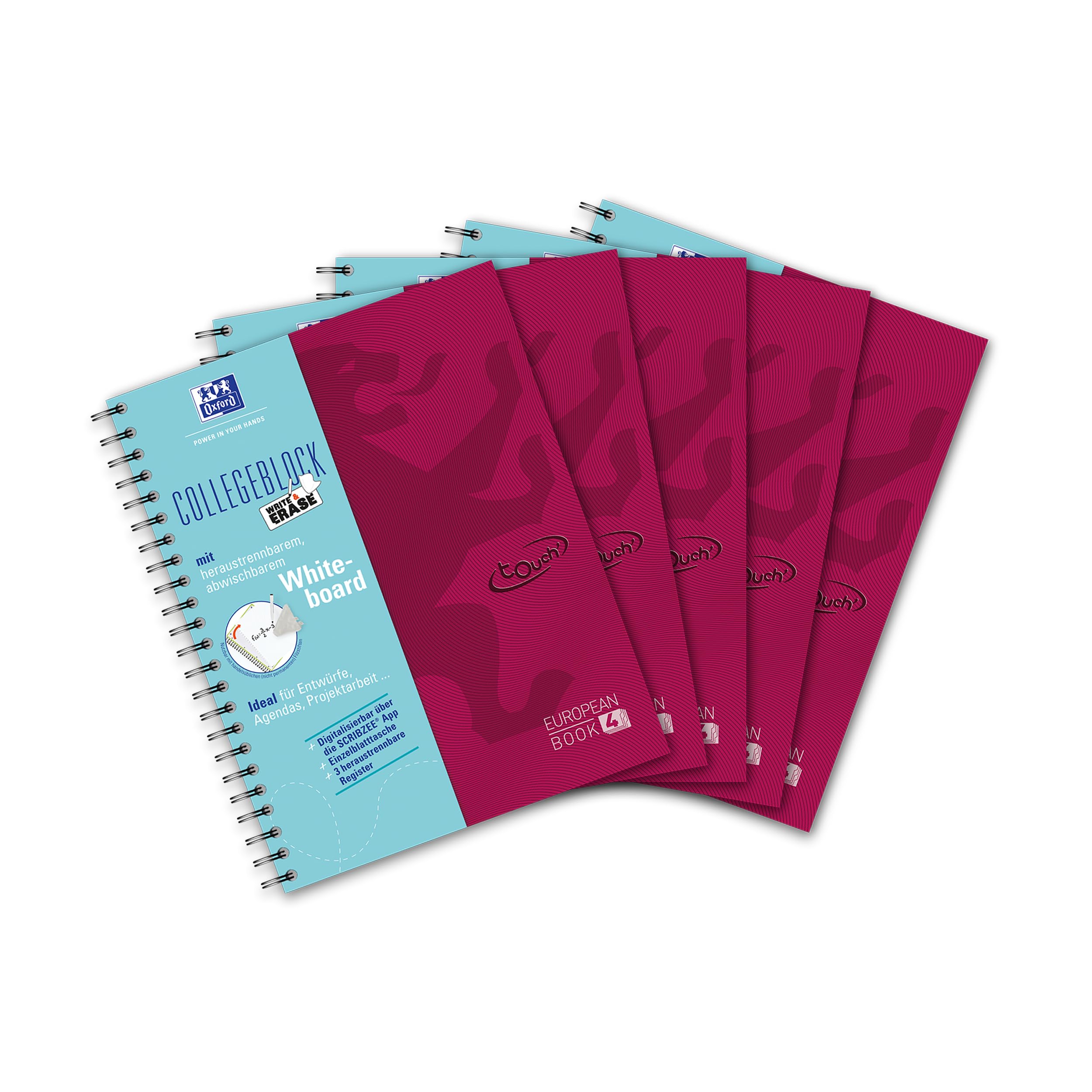 Oxford 400132984 Europeanbook A4 Squared 90 g Paper Notebook with Reusable Whiteboard for Maximum Productivity and Repositionable Dividers Cover Colour Berry