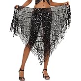 FEOYA Women's Shiny Sequin Fringe Hip Scarf Adjustable Tassel Skirts Belly Dance Performance Skirt One Size