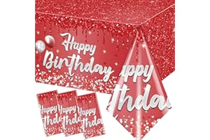 Dydamud Happy Birthday Party Decorations 3Pcs Happy Birthday Tablecloth Red and Sliver Table Cloth Plastic Table Cover for Women Men Baby Shower Party Supplies