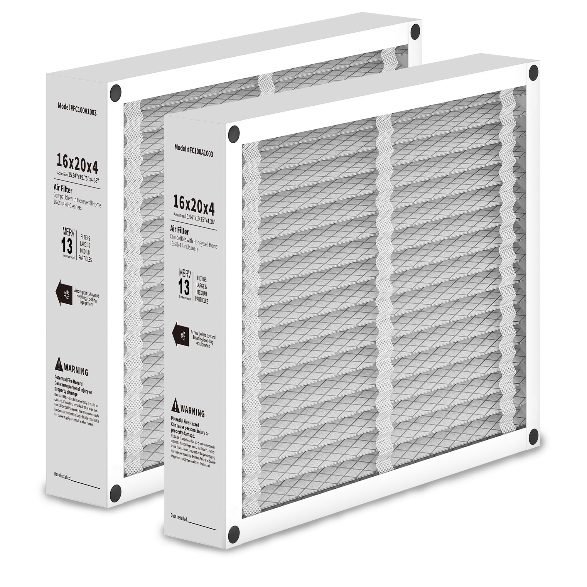 Photo 1 of 2 Pack 16x20x4 Air Filter Replacement Compatible with Honeywell FC100A1003 Pleated HVAC, MERV 13 Furnace Filter, Foldable Design (Actual Size: 15.94 x 19.75 x 4.38 Inches)