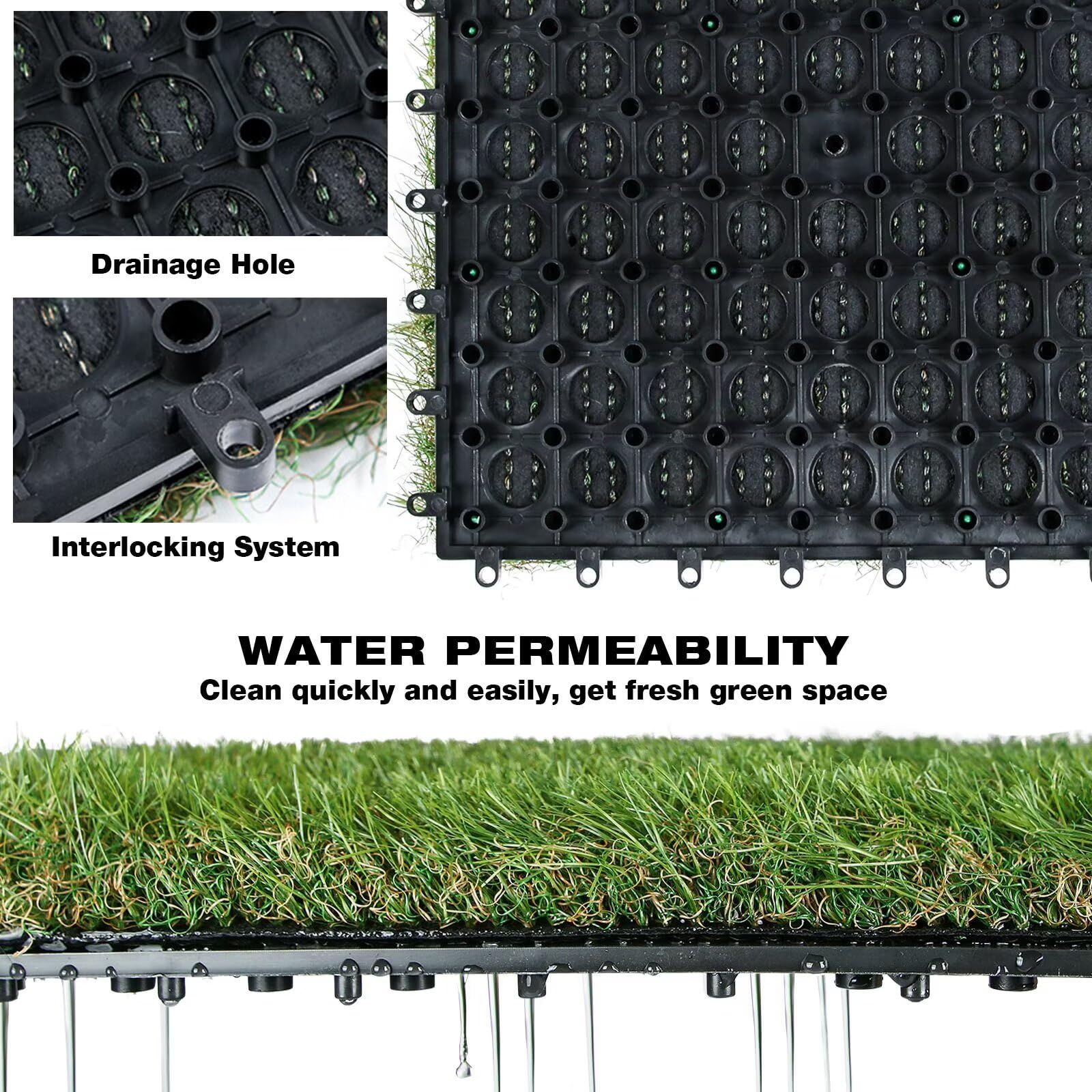 XLX TURF Outdoor Artificial Grass Tiles Interlocking Turf Squares 9 Pack, 12