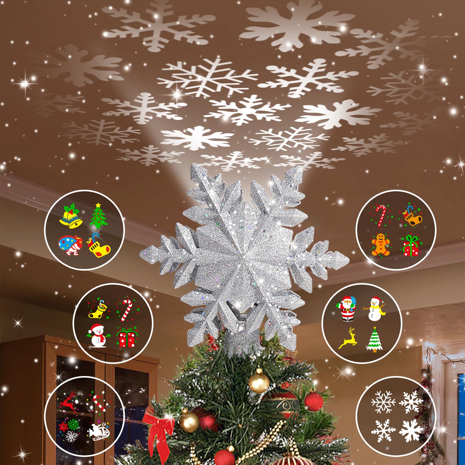 Photo 1 of DG-Direct Christmas Tree Topper Lighted with 6 Projected Patterns, Led Rotating Magic Snowflake, 3D Hollow Glitter Lighted Silver Snow Tree Topper for Christmas Tree Decorations, Silver