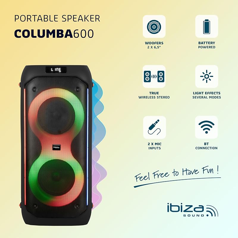 - COLUMBA600 - Enceinte, Baffle Puissant de 2x6,5”/16cm sur Batterie Rechargeable - Bluetooth, Micro-SD, USB, Aux, 2 MIC in - TWS - LED Infini Multicolore - Poignée