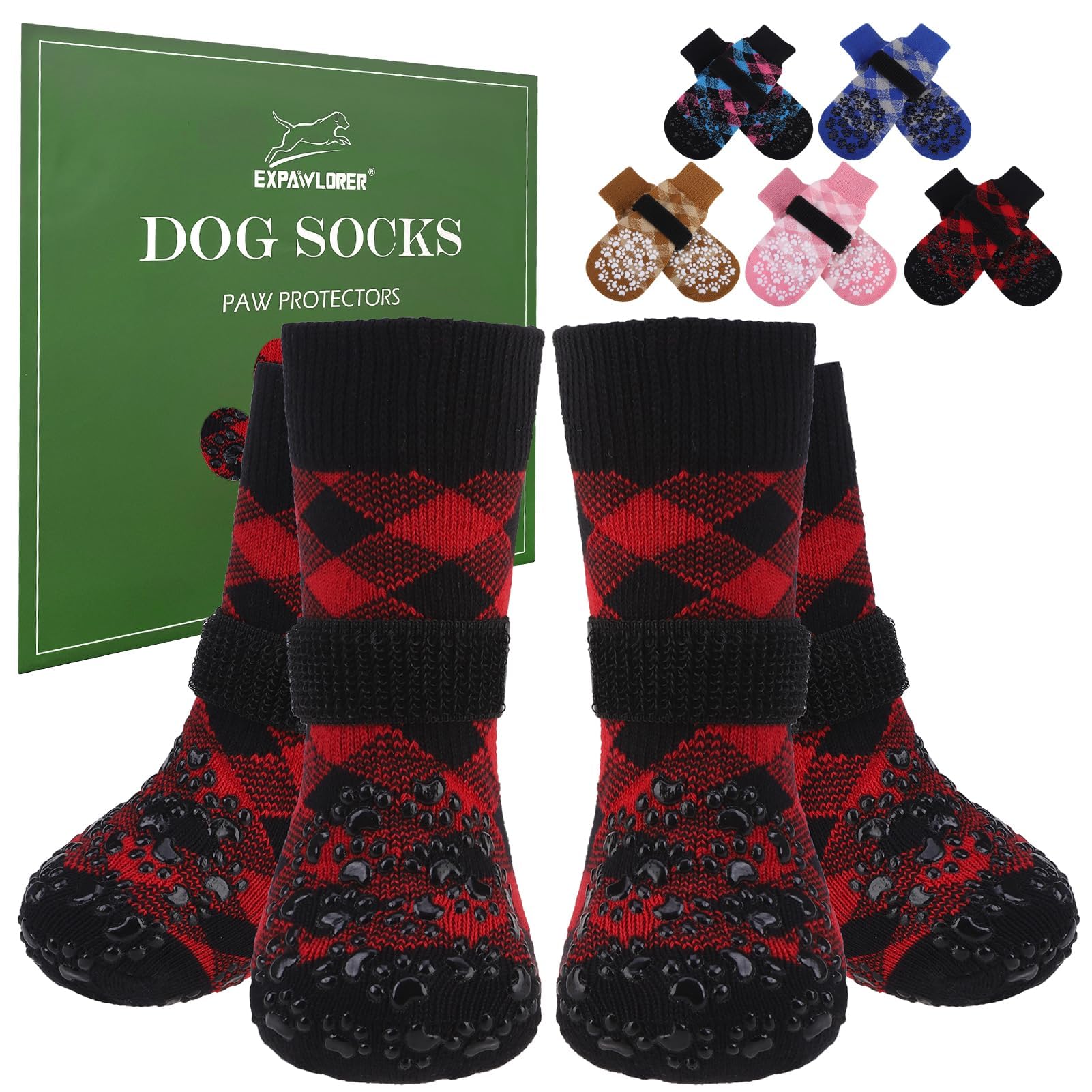 Photo 1 of EXPAWLORER Dog Socks for Hot Pavement to Prevent Licking Paws, Anti Slip Doggie Booties Grippy Shoes for Hardwood Floors, Boots & Paw Protectors for Small Medium Large Senior Dogs Red Black L