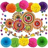 ZERODECO Mexican Party Decorations, 21 Pcs Multi-color Paper Fans, Pom Poms Flowers for Mexican Fiesta Cinco De Mayo Taco Themed Birthday Party Supplies