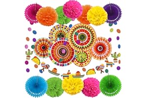 ZERODECO Fiesta Mexican Party Decorations, 21 Pcs Multi-color Paper Fans, Pom Poms Flowers for Cinco De Mayo Taco Themed Birthday Party Supplies