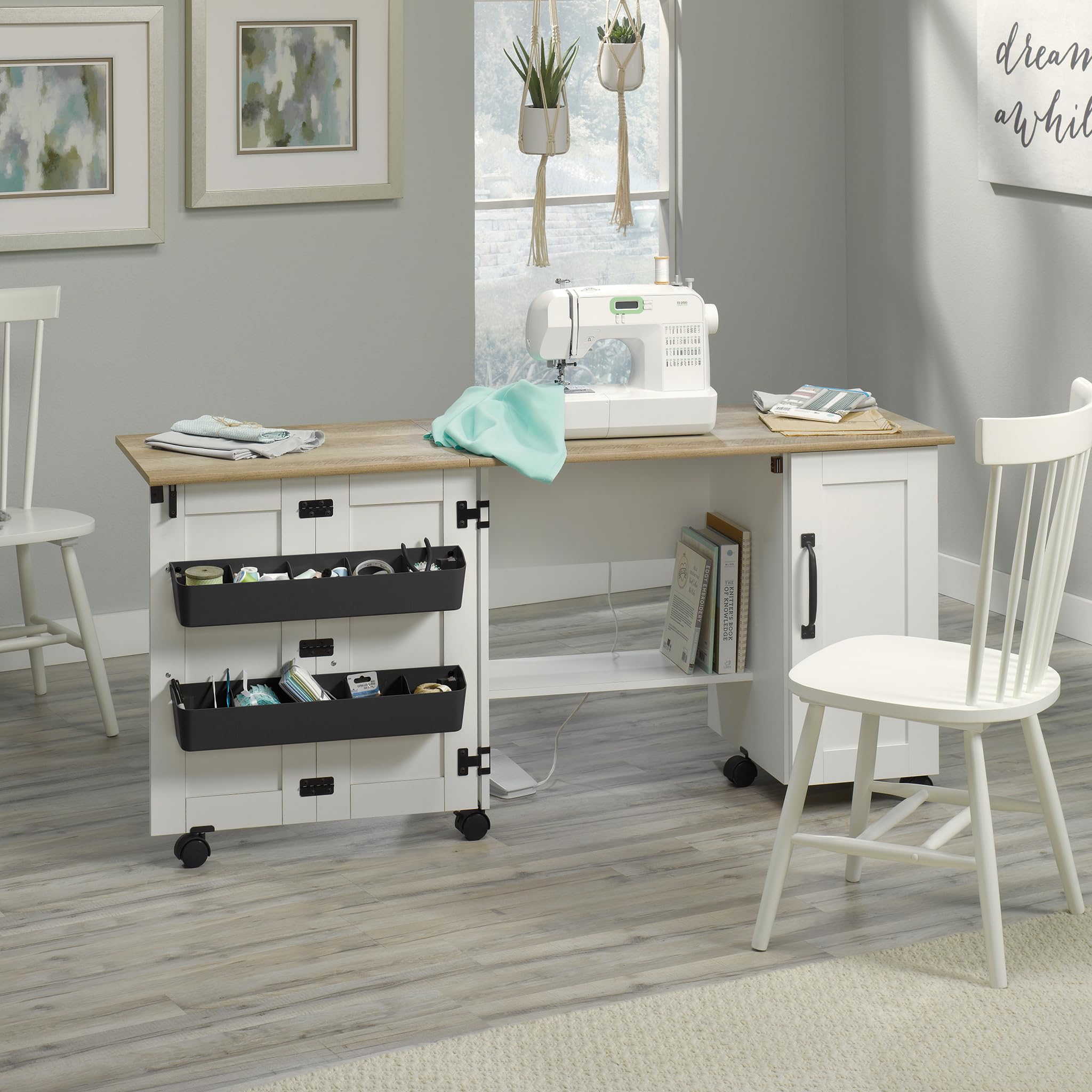 Sauder Miscellaneous Storage Sewing Cart, Drop-Leaf Craft Table, Sewing Table with Storage - Soft White Finish