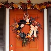 LinTimes Halloween Wreaths for Front Door, 26Inch Ghost Wreath with Ribbon Black Rose Maple Berries Feather for Indoor Outdoor Wall Window Front Door Porch Mantle Halloween Decoration
