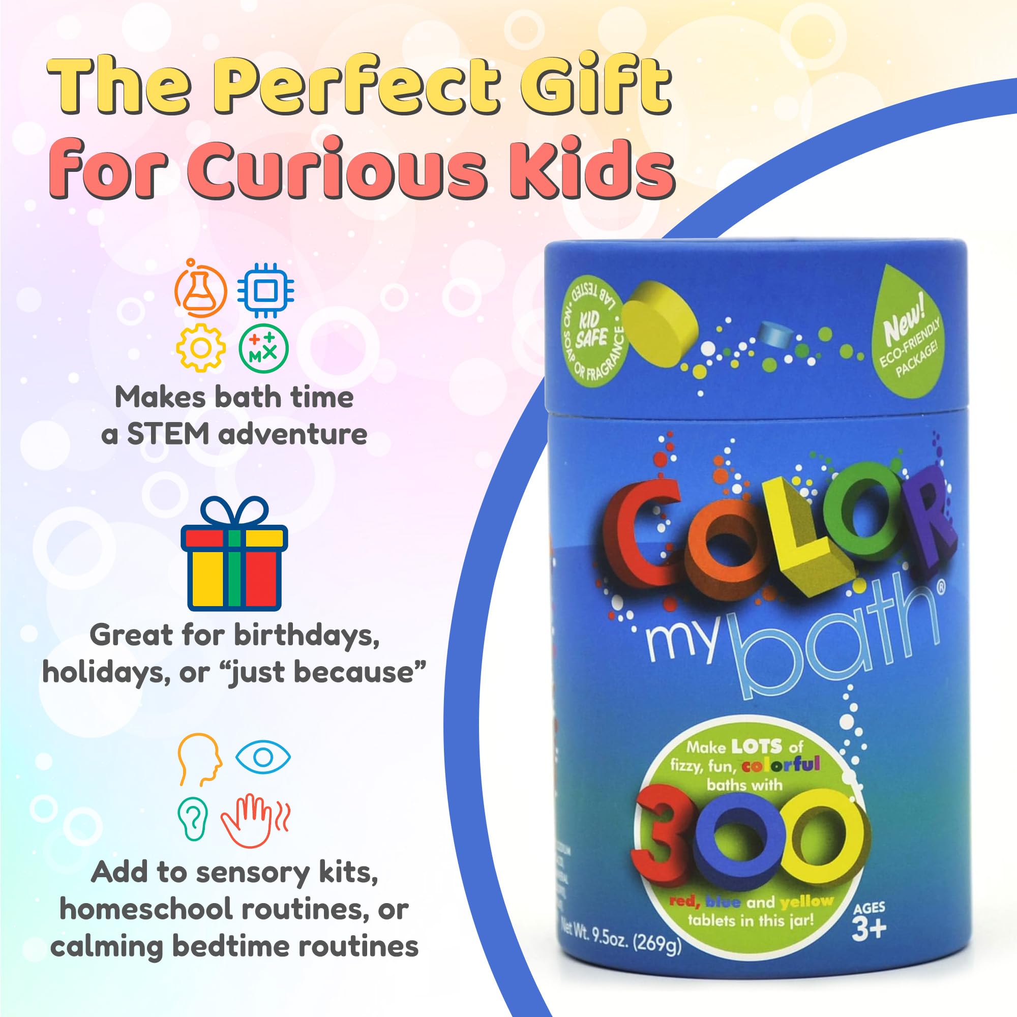 Color MyBath – Bath Color Tablets for Kids, 300 Count Jar – Color Changing, Non-Toxic, Non-Staining, Fragrance-Free – Mix Your Own Rainbow, Fun & Educational – Made in USA (1-Pack)