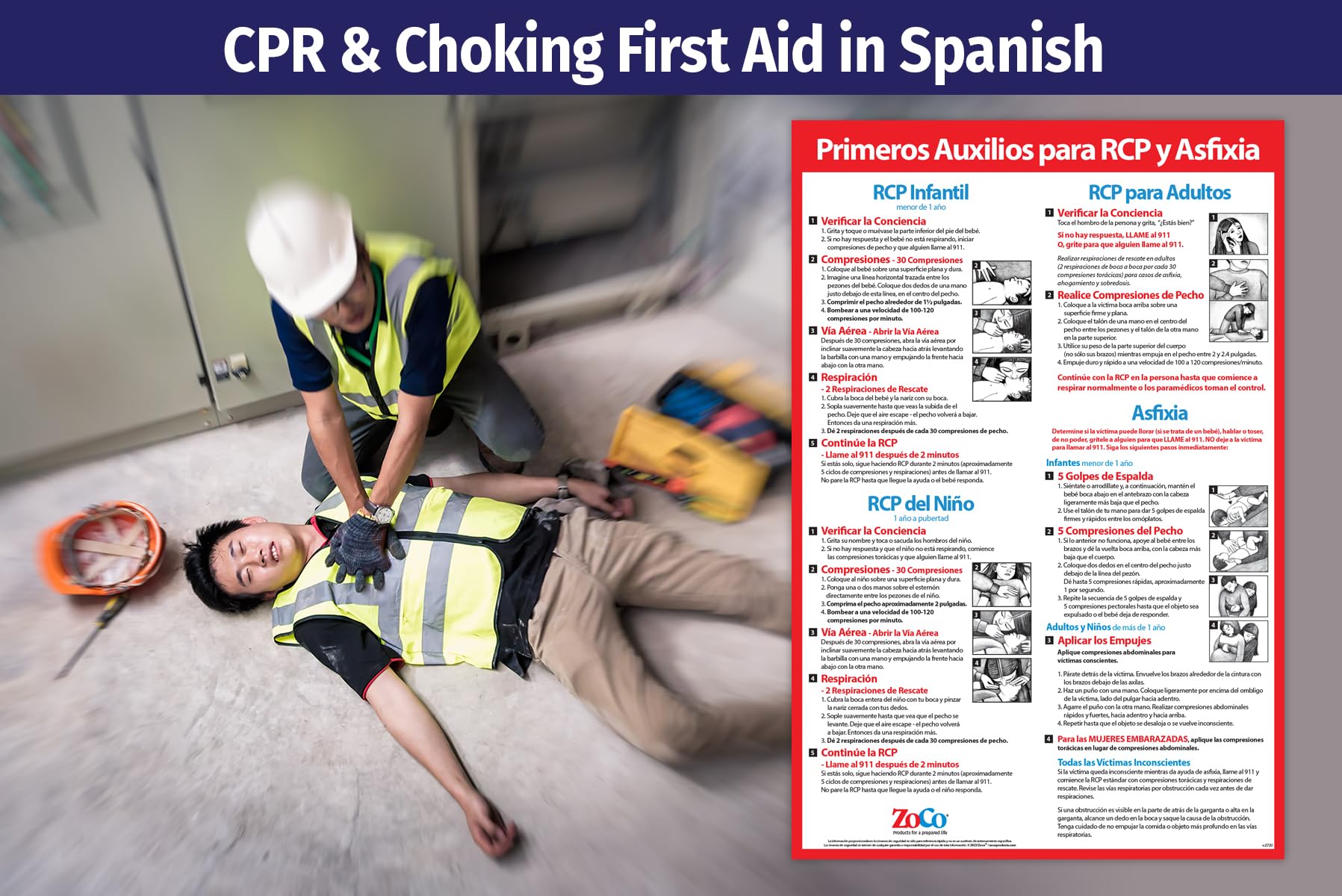 CPR & Choking First Aid Posters in Spanish (en Español) - Laminated, 12 in. x 18 in. - Restaurant Compliance Signs - School Supplies in Spanish