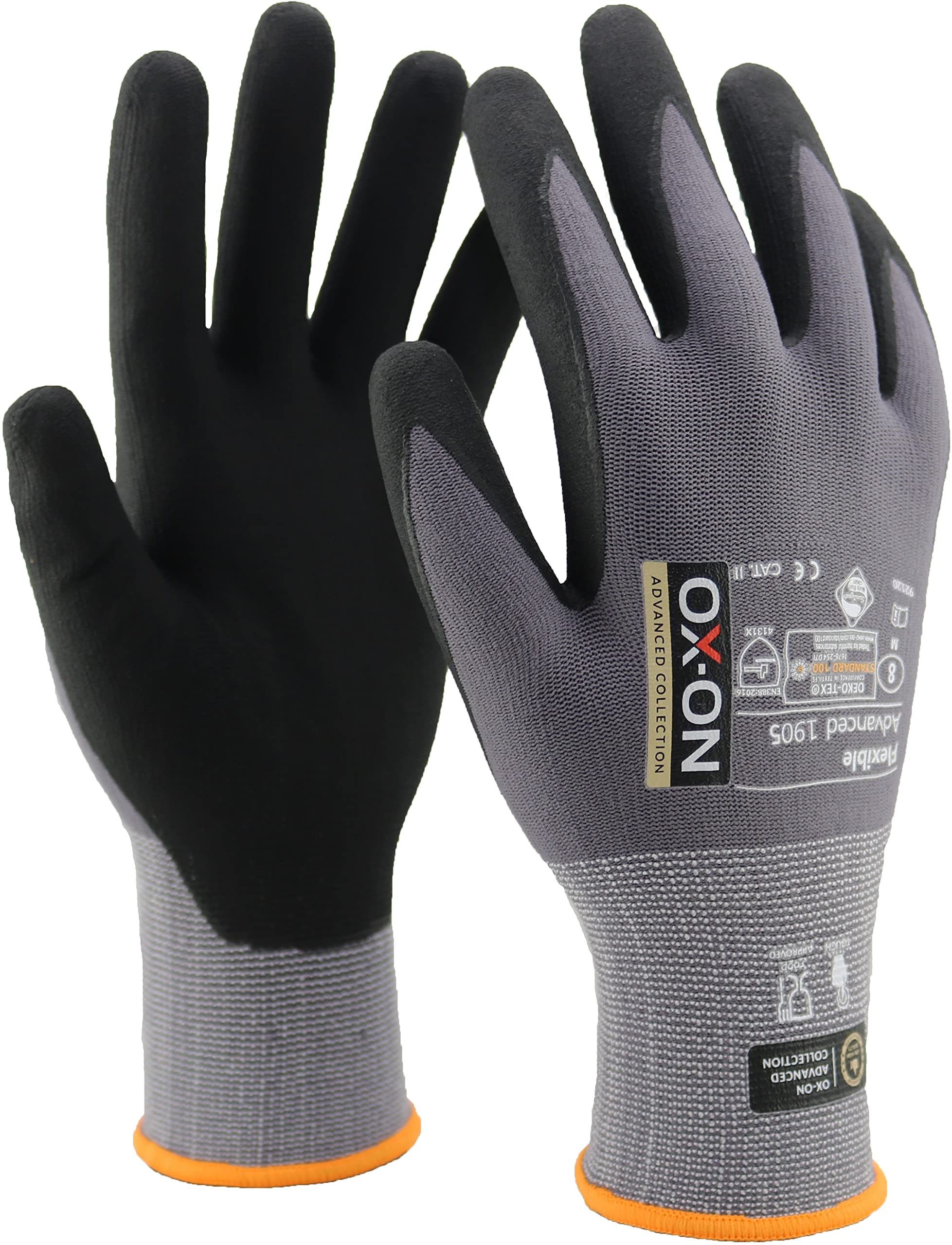 OX-ON Flexible Advanced 1905 Grey Work Gloves, Extremely Durable Safety Gloves, Secure & Precise Grip, Protective & Comfortable Nitrile Gloves, Phone Touch, Breathable Mechanic Gloves -6pairs,Size 7/S