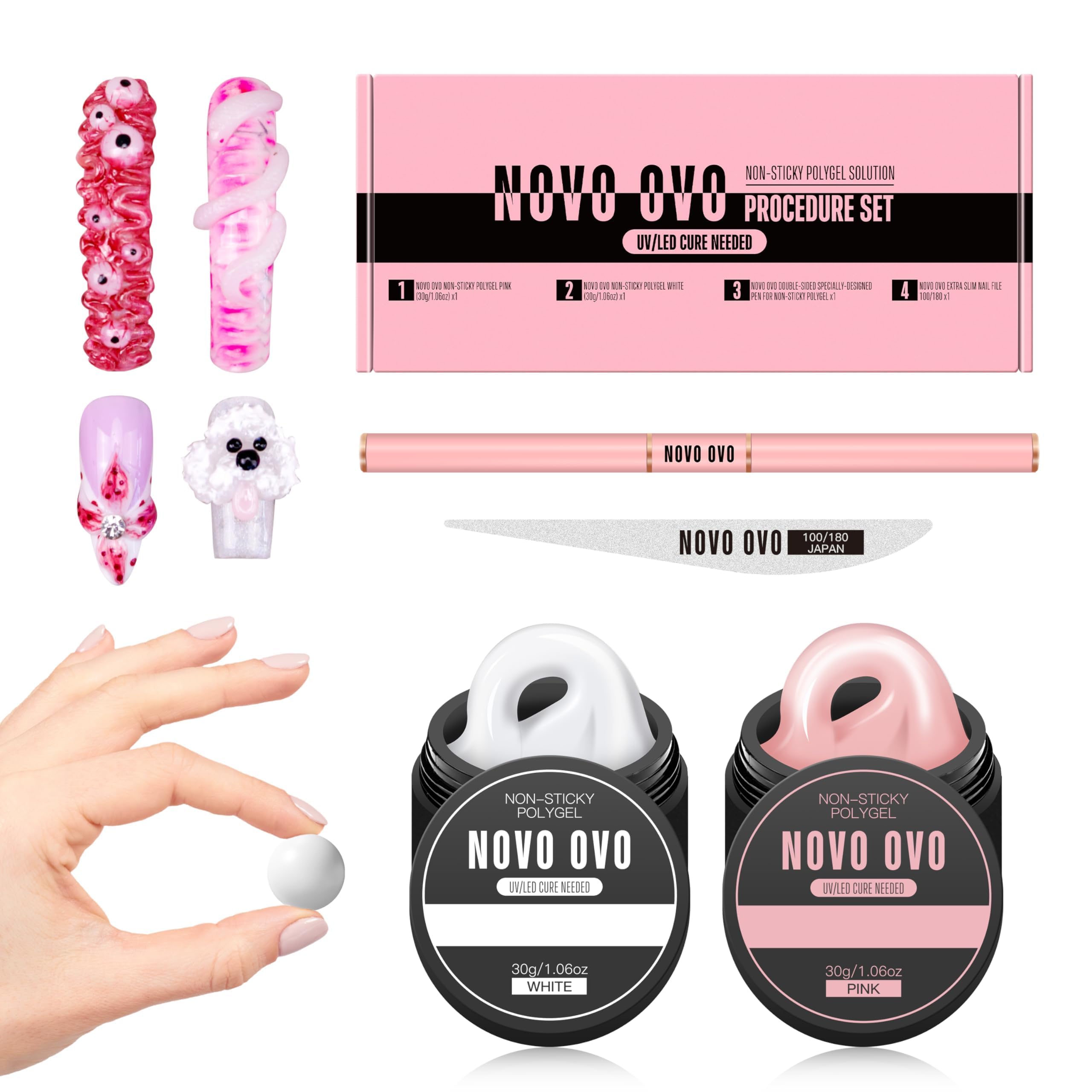 Photo 1 of NOVO OVO Upgraded NON-STICKY Polygel Solution Procedure Set, White and Pink non-sticky Poly Gel, Dual-Ended Nail Pen, Extra Slim Nail File, Easy to Use Together with Toe or Hand Nail Dual Forms