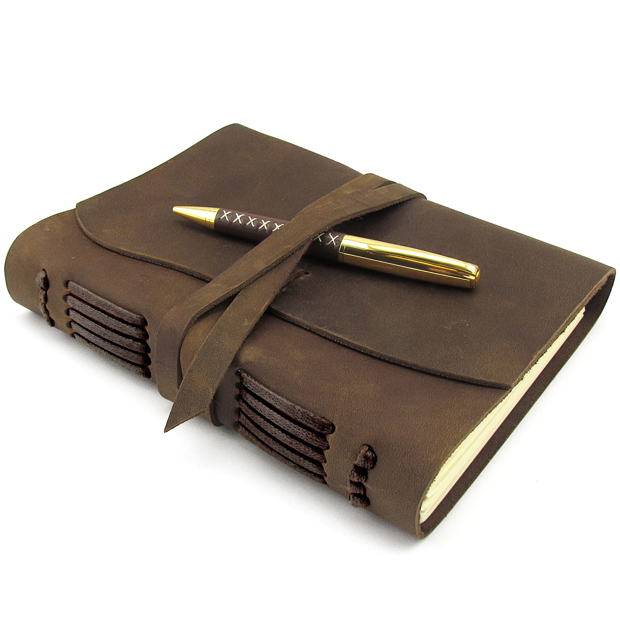 Leather Journal Writing Notebook, A5 Vintage Handmade Leather-Bound Notepads For Men & Women Antique Look Travel Diary 20x15cm - Unlined Paper Best Gift Note Book Write In Art Sketchbook + Free Pen