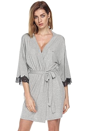 EKOUAER Damen 3/4 Arm Morgenmantel Spitze Kimono kurz Bademantel Robe Negligee
