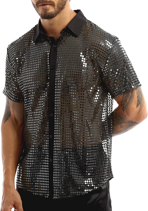 ABEHIK Herren Disco Hemd Mit Pailletten - 70er Style Langarm Party Shirt