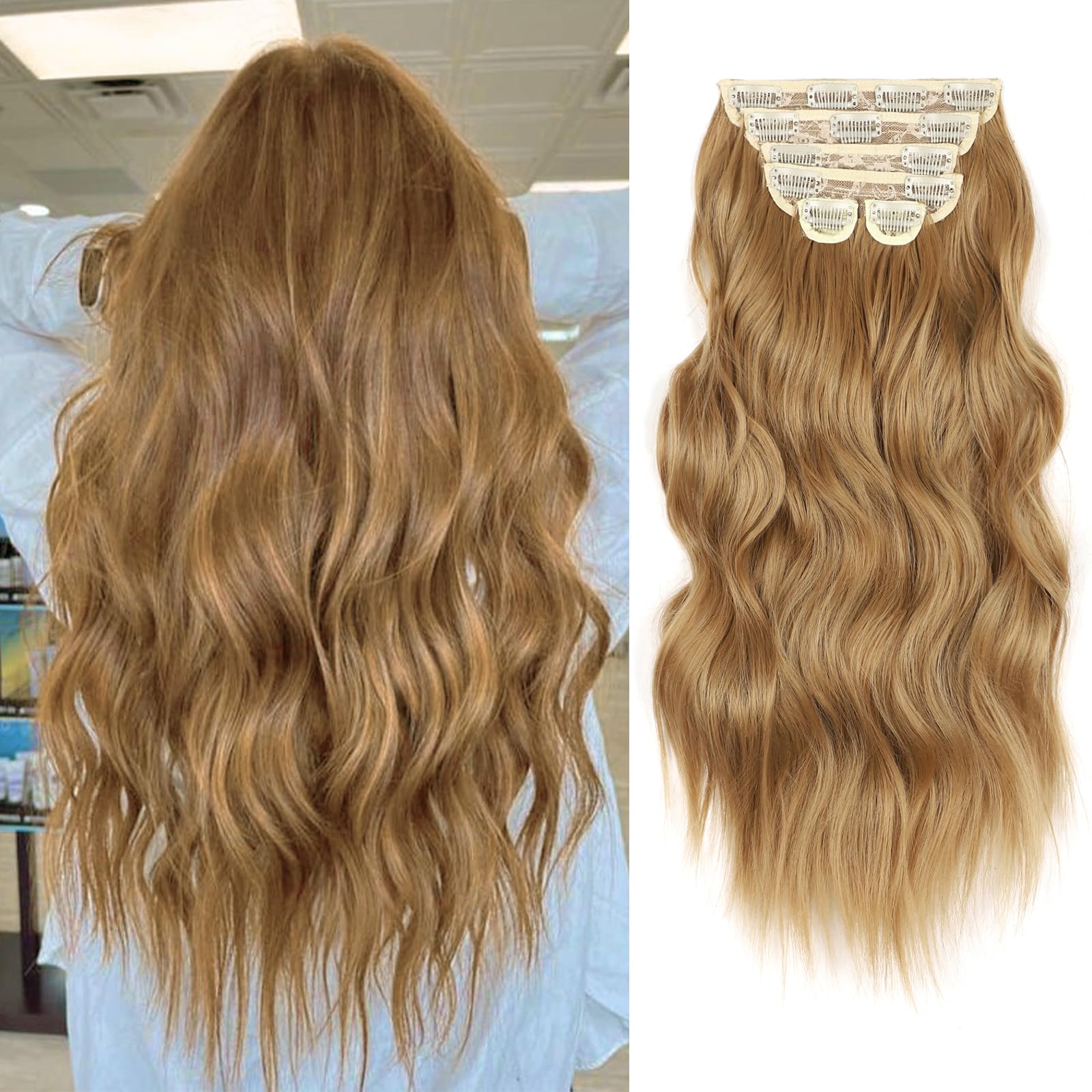 Photo 1 of Vigorous Clip in Hair Extensions 20Inch Biscuit Brown Hair Extension 6Pcs Long Wavy Soft Synthetic Hairpieces for Women