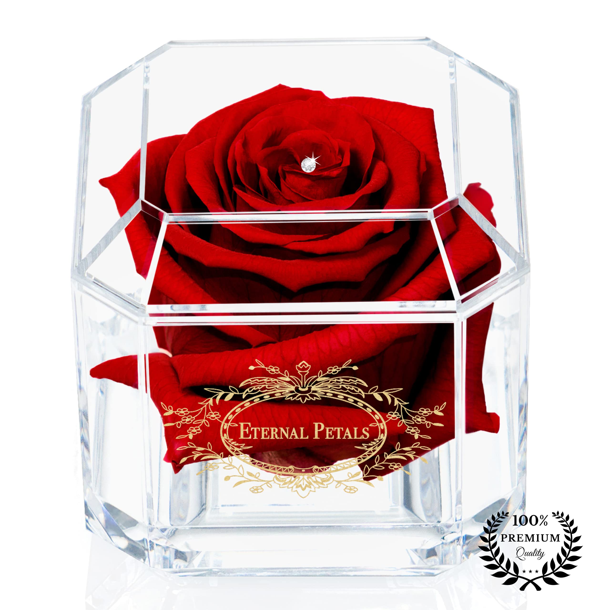 A 100% Real Rose That Lasts Years - Eternal Petals, Handmade in UK – Gold Solo with A Clear Crystal (Deep Red)