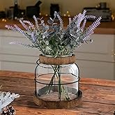 Farmhouse Glass Vase, Vintage Flower Vase with Wood Frame and Metal Handle for Rustic Housewarming Home Decor Floral Arrangements Living Room Dining Room Kitchen (Flowers NOT Included)