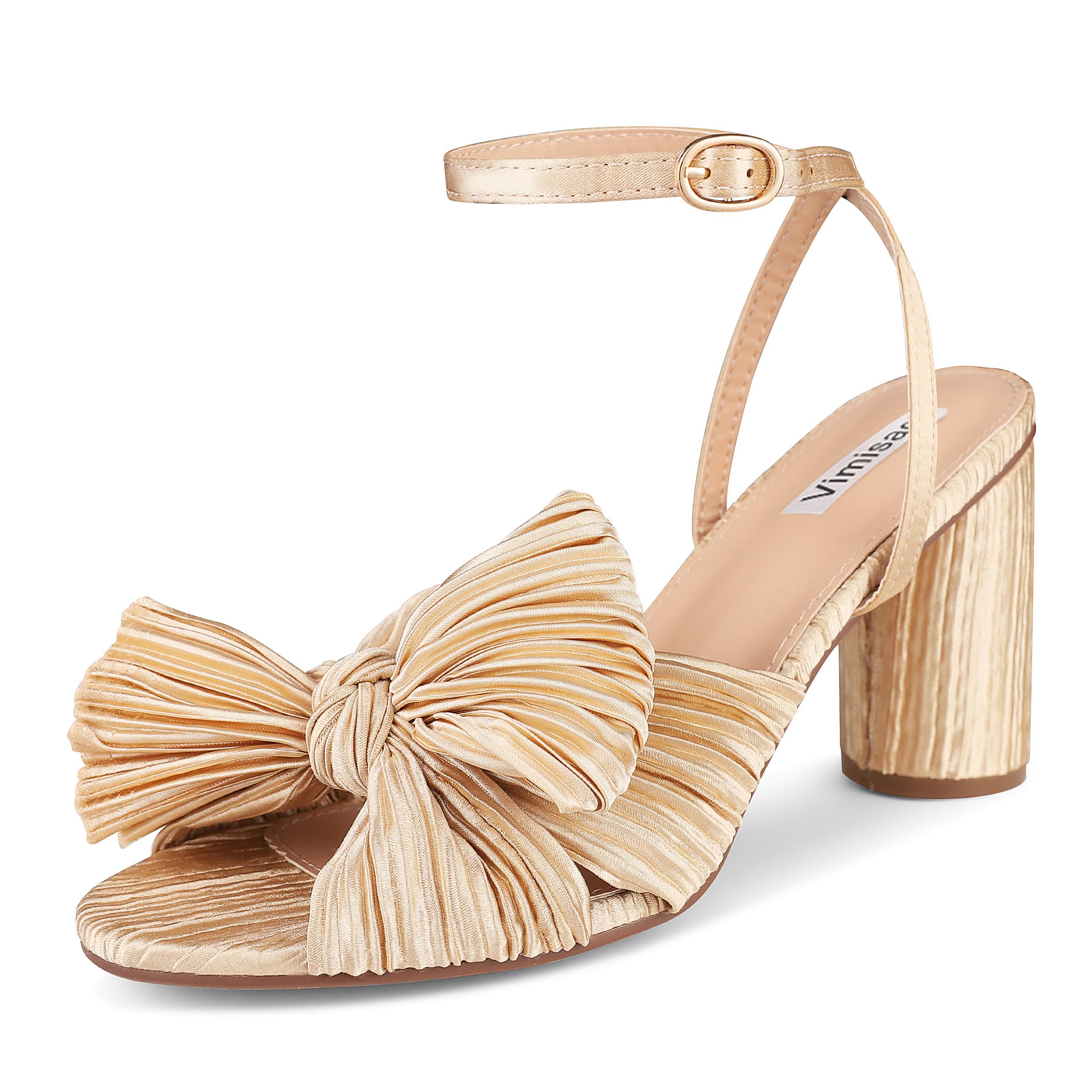 Photo 1 of (USED/FAIR) (SIZE 42) (DAMAGED) VIMISAOI Women's Bow Knot Heeled Sandals Open Toe High Block Chunky Heels Ankle Buckle Strap Pleated Bride Wedding Party Dress Shoes