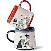 BICETTO Handmade 15oz Japanese Ukiyo-e Large Ceramic Coffee Mug, Artistic Pottery Big Tea Cup for Office & Home, Microwave & Dishwasher Safe (Samurai & Geisha)