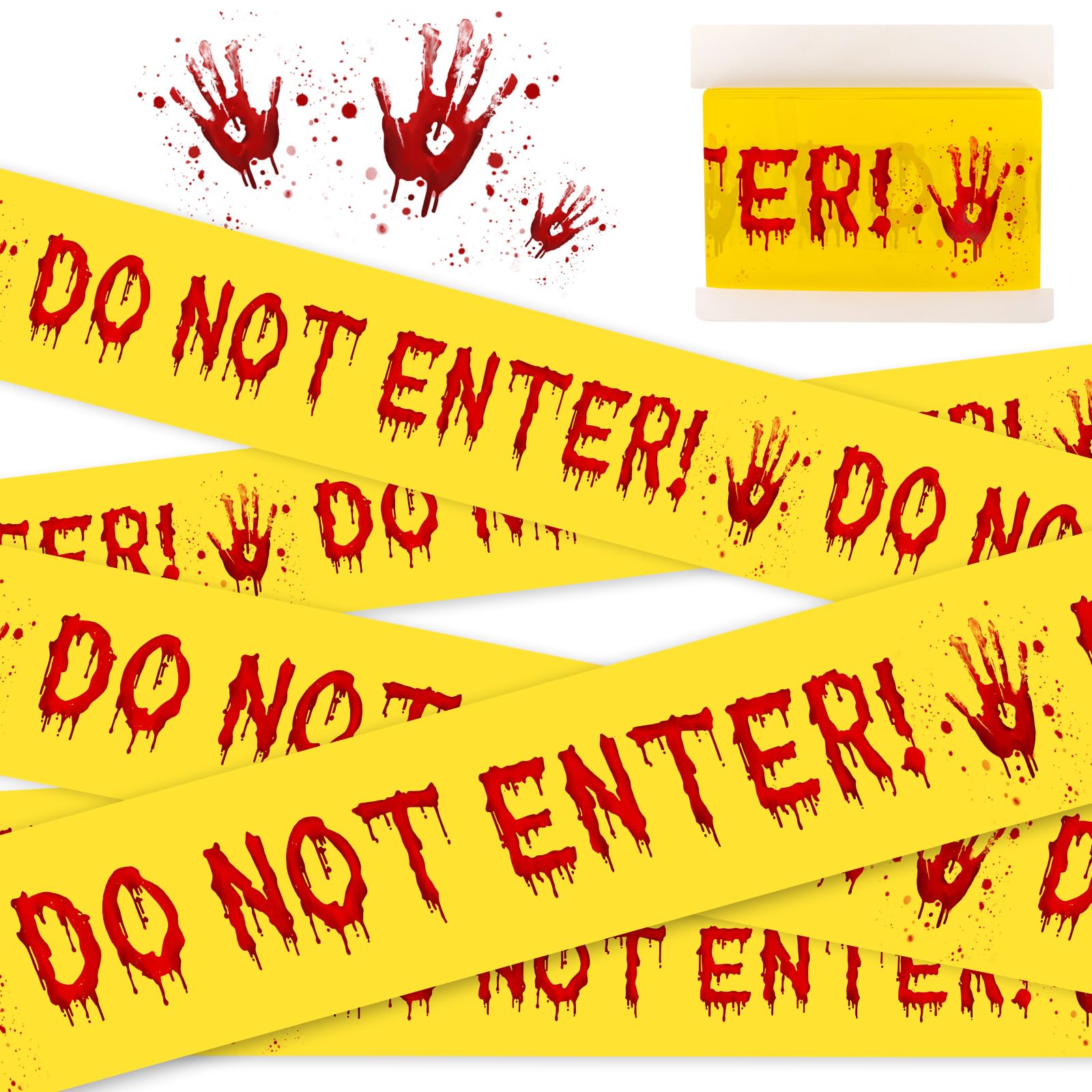 Photo 1 of Halloween Decorations Caution Tape - Yellow and Red Do Not Enter Scary Caution Tape, 3 Inch x 82 Ft Spooky Halloween Blood Handprint Warning Tape for Halloween Indoor Outdoor Decorations Party Decor