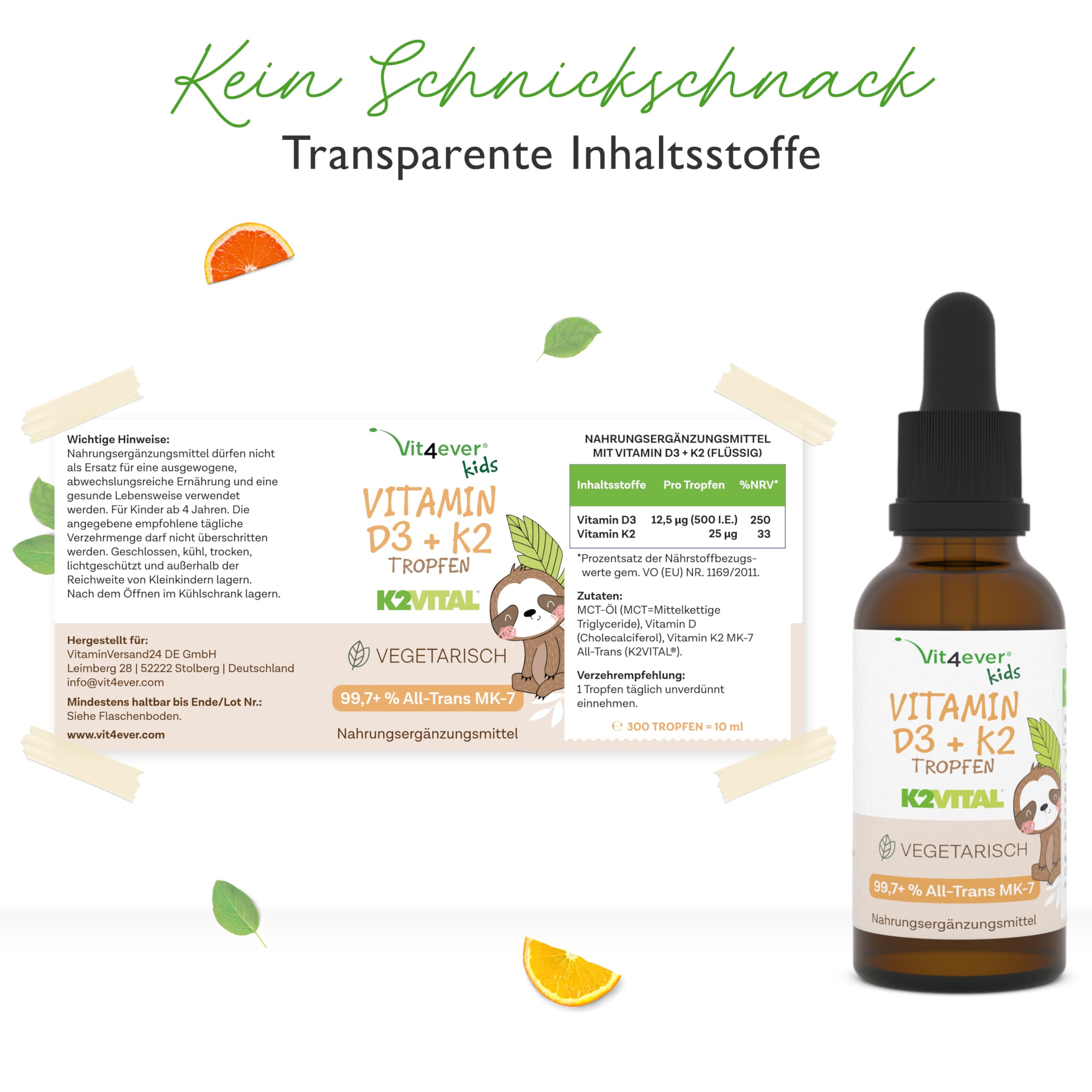 vit4ever Vitamin D3 K2 Tropfen für Kinder für 300 Tage (10 Monate) - 500 I.E. Vitamin D & 25 μg Vitamin K2 - Hoch bioverfügbar durch Original K2VITAL® - Ohne schädliche Zusätze - Vitamine für Kids 5