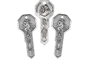 Needzo Seven Way Key Medal, Vintage Silver Toned Catholic Jewelry Charm, Religious Gift and Handout, 1 5/16 Inches, (Pack of 3)