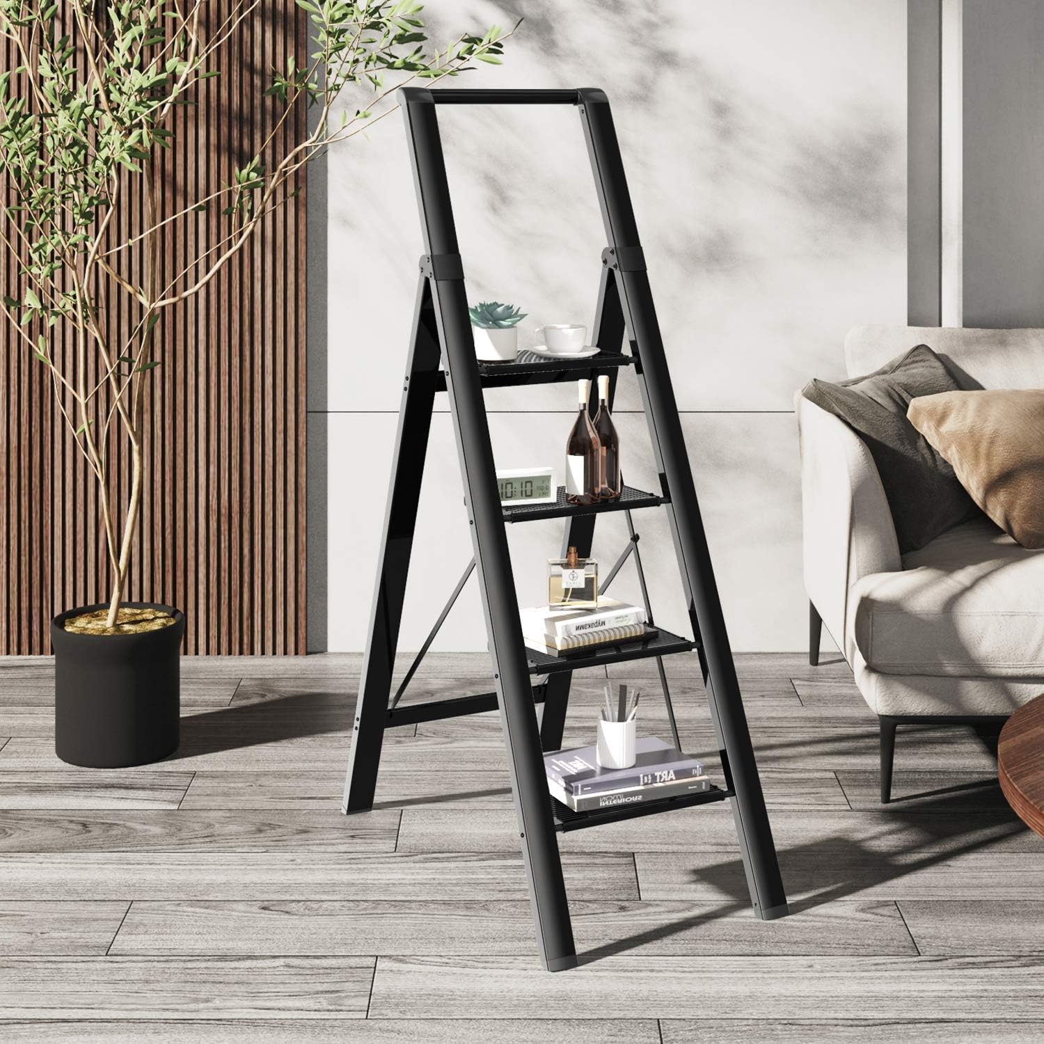 4 Steps Lightweight Aluminum Ladder Folding Step Stool Stepladders with Anti-Slip and Wide Pedal for Home and Kitchen Use Space Saving (Black): Kitchen & Dining