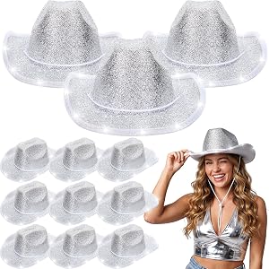 Hercicy 12 Pcs LED Lights Cowboy Hat Western Cowgirl Glitter Party Hats with Adjustable Drawstring for Wedding Bachelorette