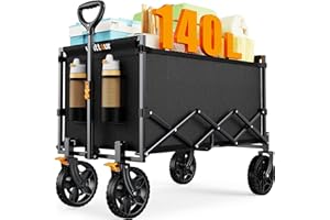 Uyittour 140L Collapsible Wagon Cart Foldable, Portable Folding Wagon with Silent Universal Wheels, Utility Grocery Cart for Camping Sports Shopping, Black
