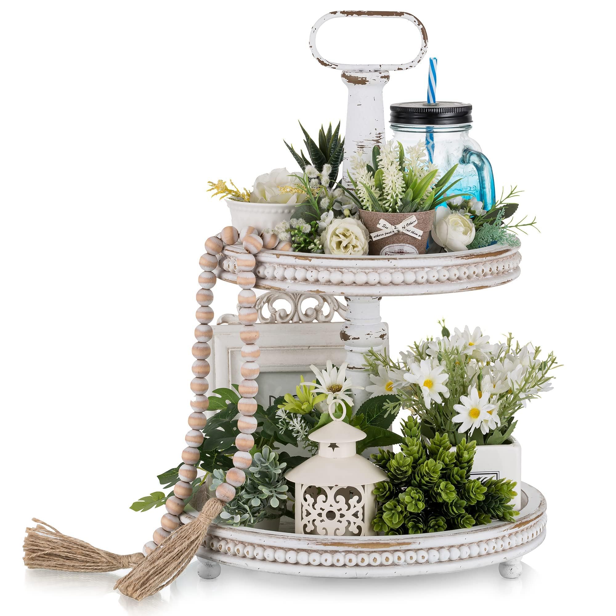 Hanobe Decorative Wooden Tiered Tray: Wood 2 Tier Stand Farmhouse Serving Tray Decor White Round Beaded Trays for Kitchen Coffee Table Centerpieces Counter Easter Spring Valentine's Day