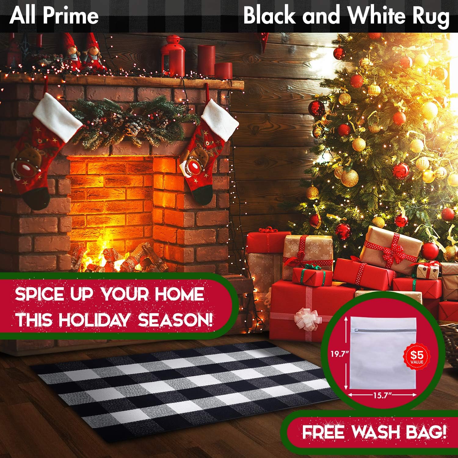 All Prime Buffalo Plaid Rug - Extra Large 28" x 43" Pure Black and White Rug for Indoor & Outdoor - Buffalo Check Rug for Kitchen, Bathroom, Porch Decor- Buffalo Plaid Front Door Mat with Laundry Bag: Kitchen & Dining