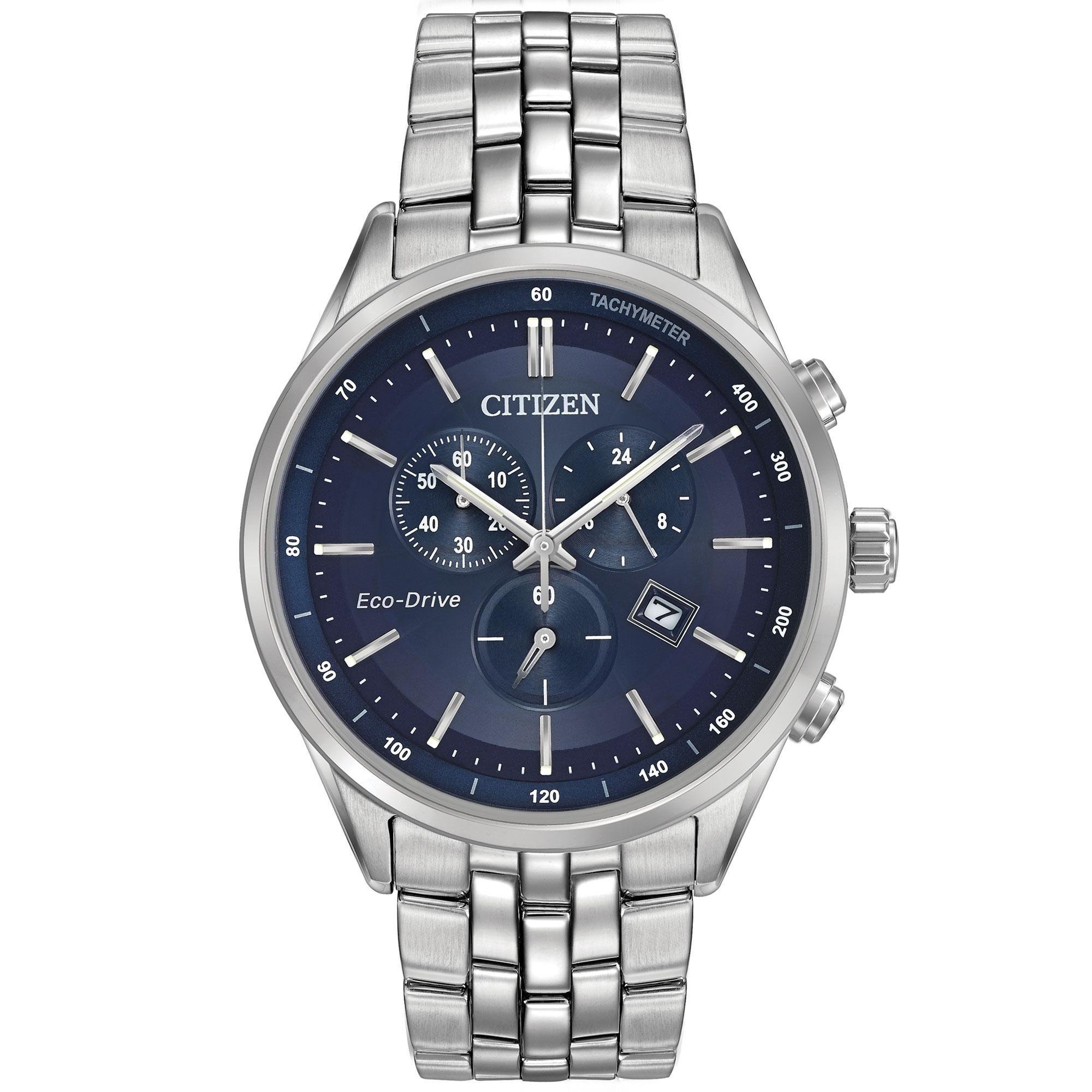 Reloj Citizen Classic Corso Eco-Drive para hombre, cronógrafo, hora de 12/24 horas, fecha, cristal de zafiro, esfera de acero inoxidable/azul