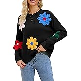 Aedceal Women Floral Sweater Long Sleeve Round Neck Casual Lounge Colorful Flower Knit Pullover Top