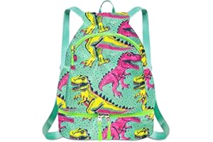 RLGPBON Drawstring Backpack for Kids,Youth Gym Dance Beach Swim Travel Bag for Girls and Boys with Two Water Bottle Holders