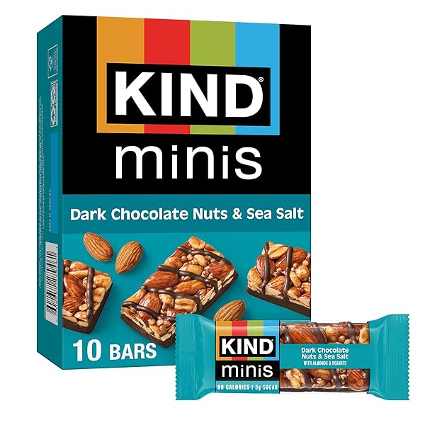 KIND MINI SNACK BARS, DARK CHOCOLATE NUTS & SEA SALT, GLUTEN FREE, LOW SUGAR, LOW CALORIE SNACKS, 10 COUNT