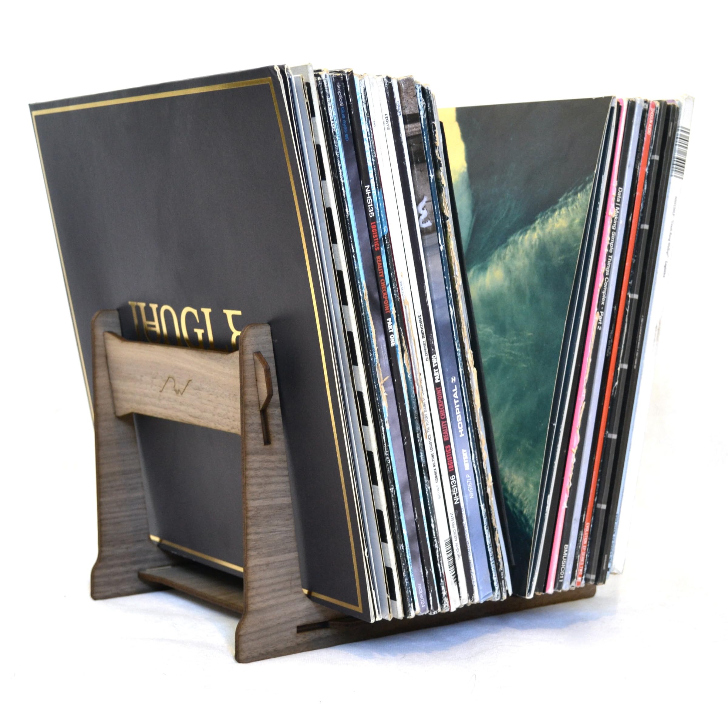 Vinyl Storage Stand, Dual End, 35-60 Records, Walnut Veneer