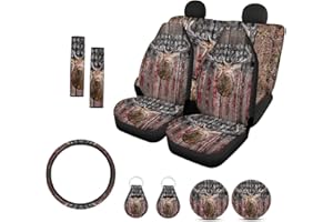 Xoenoiee 11 Pack Hunting Deer Camo American Flag Print Auto Accessories Car Seat Covers Full Set for Front & Rear Seat, SUV Car Steering Wheel Cover, Seat Belt Cover, Cup Coasters, Key Chains