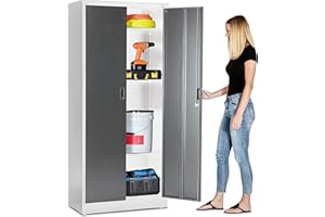 Fedmax Metal Garage Storage Cabinet - 71-inch Tall Large Steel Utility Locker with Adjustable Shelves & Locking Doors - Garage Cabinets for Tool Storage and Ammo Locker - White & Silver