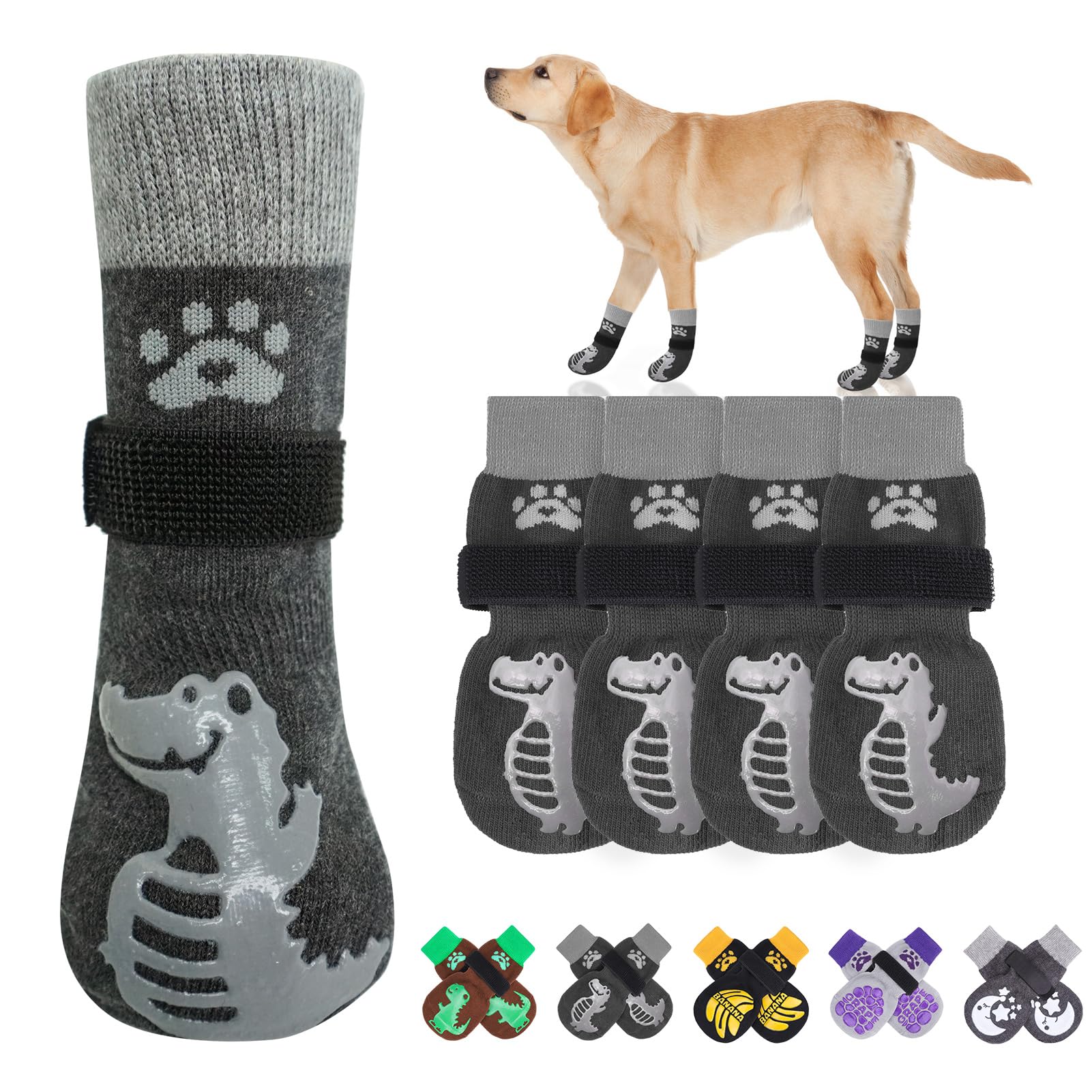 BEAUTYZOO Non-Slip Dog Socks to Prevent Licking Paws, Dog Shoes for Hot Pavement, Paw Grip Protector Traction on Wood/Hardwood Floors- Senior Small Medium Large Doggie Boots, Alligator