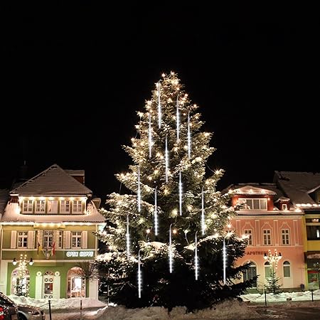 Lot De 8 Tubes à Suspendre De 240 Led Effet Gouttes De Pluie Stalactites Neige Tombante étoiles Filantes Décoration Pour Sapin De Noël 50 Cm Blanc