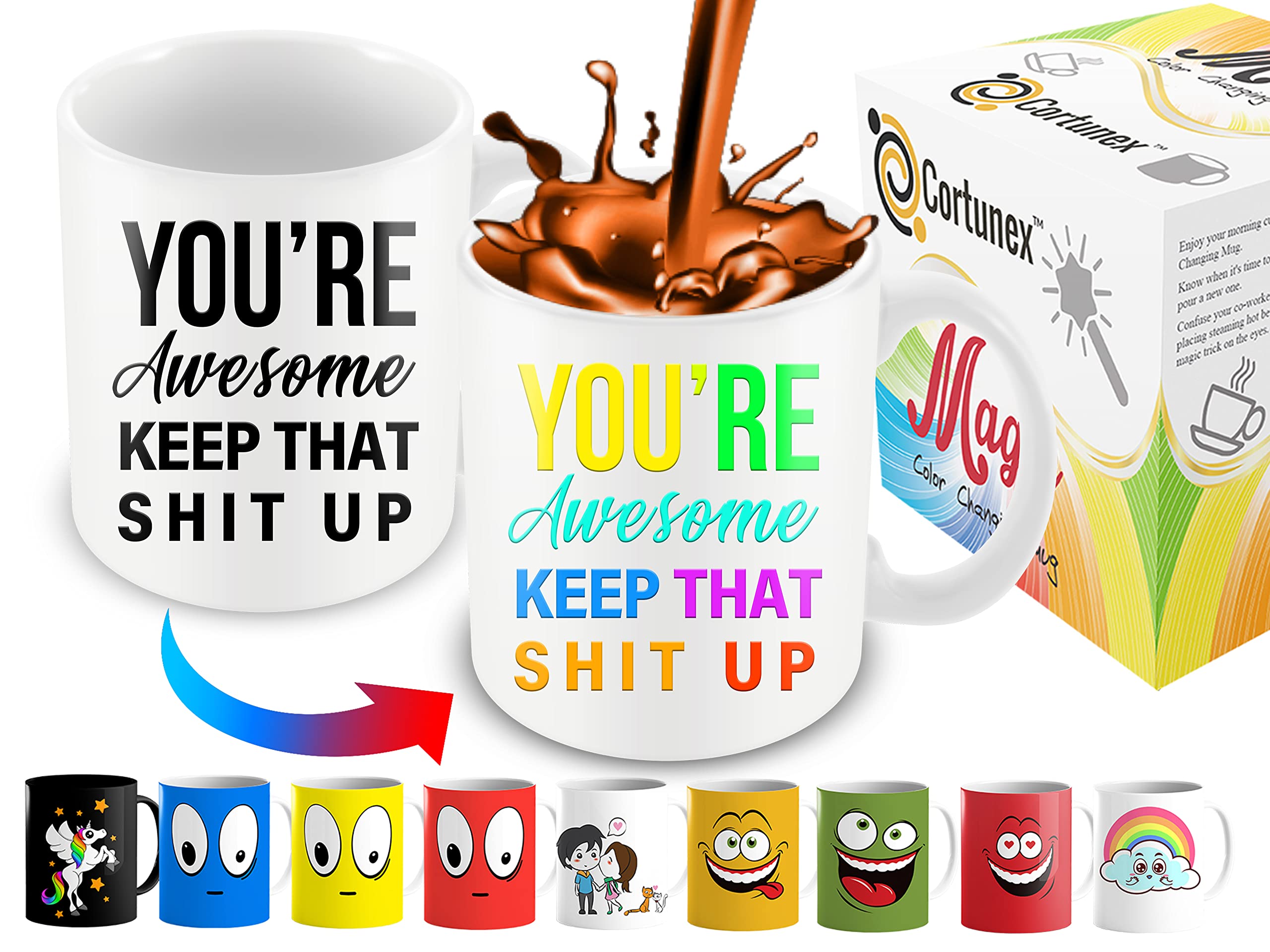 Cortunex Heat Sensitive Color Changing Coffee Mug -You're Awesome Keep That Up Funny Coffee Mug - 11 Oz Funny Cup - Great Mug for Men Women and Coffee Lovers - Cute Mug - White Ceramic Tea Mug