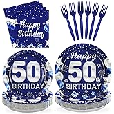 96Pcs 50th Birthday Party Decorations Blue and Silver Plates and Napkins Disposable Blue Silver 50 Years Old Paper Tableware Set for Men Women 50th Birthday Anniversary Party Supplies, Serves 24