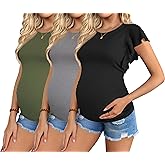 Ekouaer Women's Maternity Shirts 3 Packs Flying Short Sleeve Pregnancy Tops Side Ruched Tunic Blouse Mama Clothes S-XXL