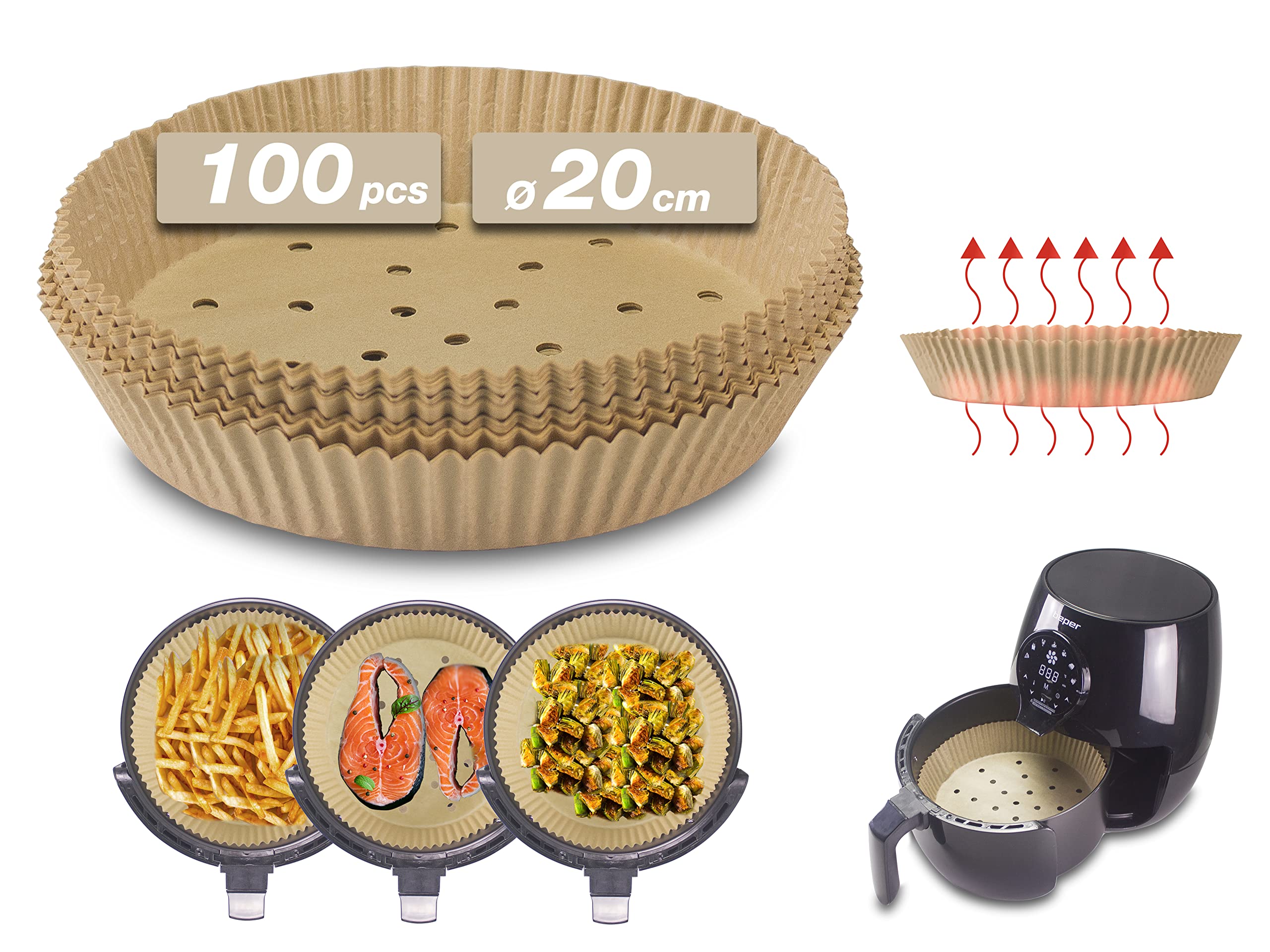 BEPER C103ACC001 Air Fryer Liners 100 Pieces [20 cm / 7.8 in ] - Airfryer Liners Perforated Biodegradable, Non-stick, Oil-Repellent