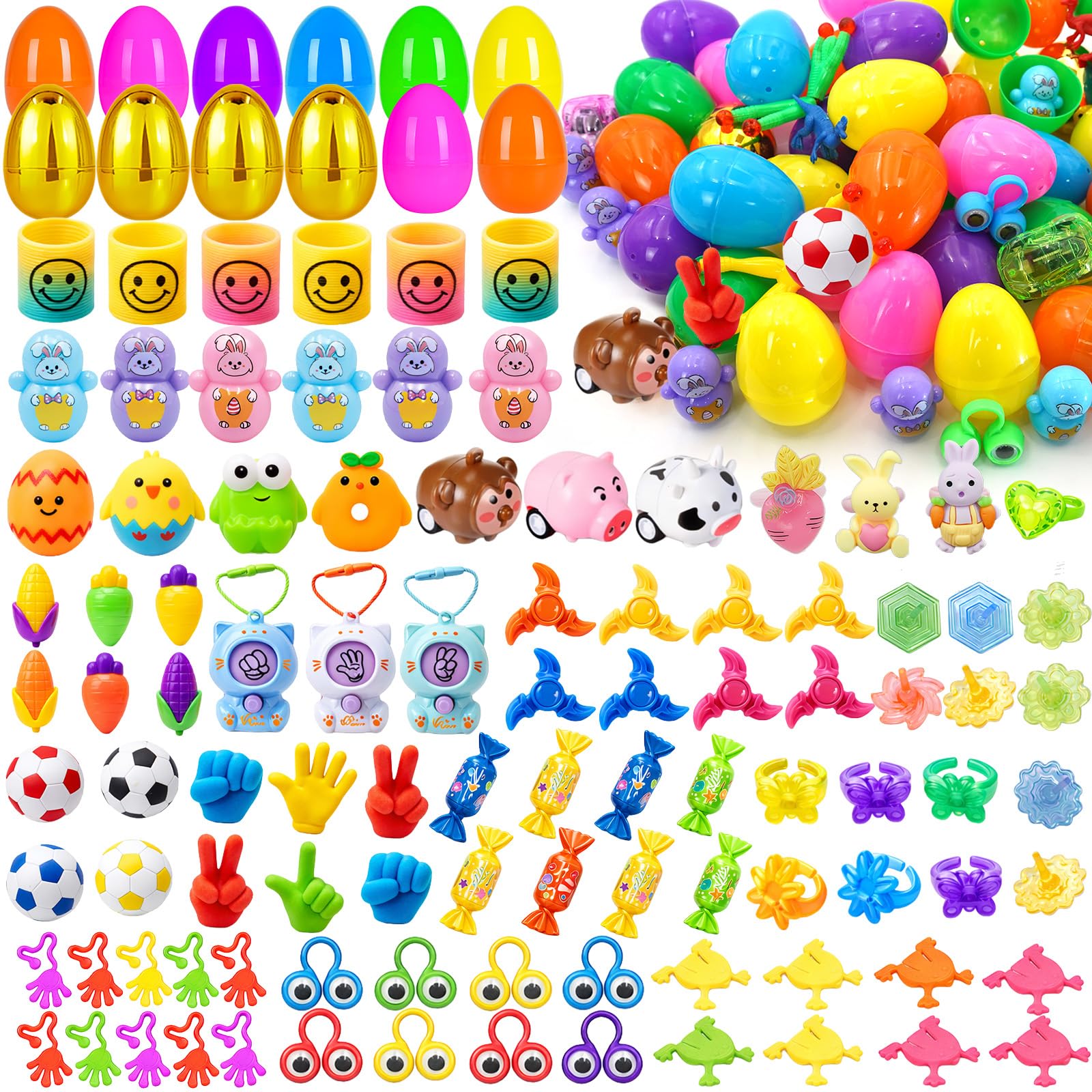 PIONJOY [ Surprise Golden Egg ] 100 PCS Prefilled Easter Eggs with Toys ,100 Plastic Easter Eggs Fillers with Assorted Toys for Kid Toddler Boys Girls Party Favors Prizes Easter Basket Stuffers