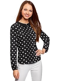 oodji Ultra Mujer Blusa de Tejido Fluido con Cuello en Contraste
